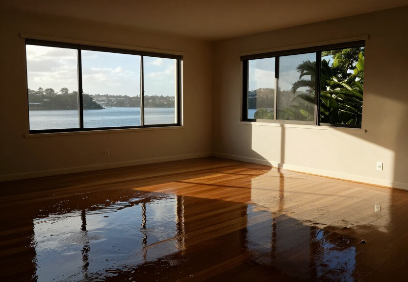 Flooded living room in Five Dock home before restoration